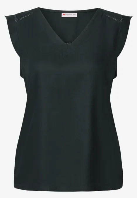 V-Neck Top mit Häkeldetails pine grove green