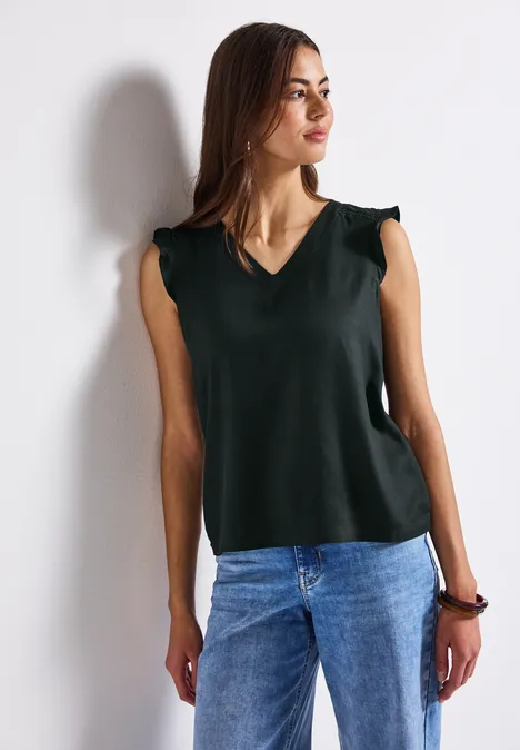 V-Neck Top mit Häkeldetails pine grove green