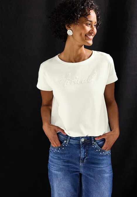 Shirt mit Wording-Stickerei off white