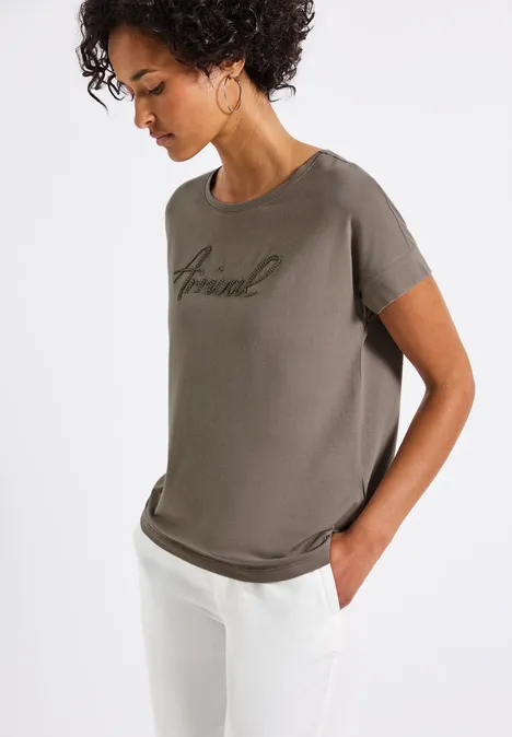 Shirt mit Wording-Stickerei dark tumbled beige
