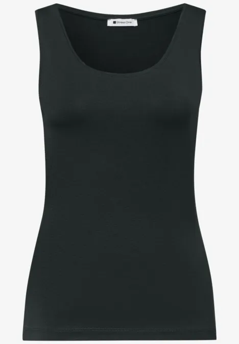Schwarzes ärmelloses Damenshirt mit rundem Ausschnitt.