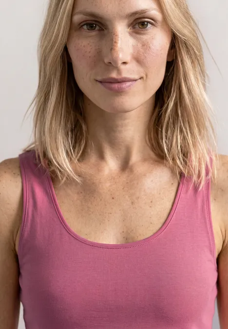 Basic Top mit Rundhals aus Jersey blush berry Frau mit schulterlangem blonden Haar trägt ärmelloses pinkes Top vor hellem Hintergrund.