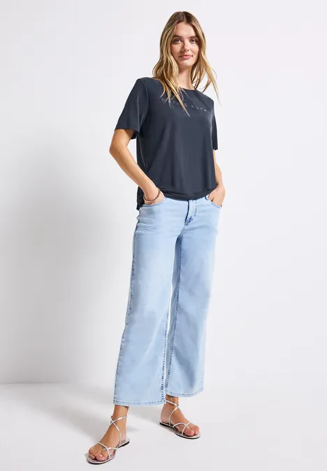Silk-Look Shirt mit Wording deepwater blue