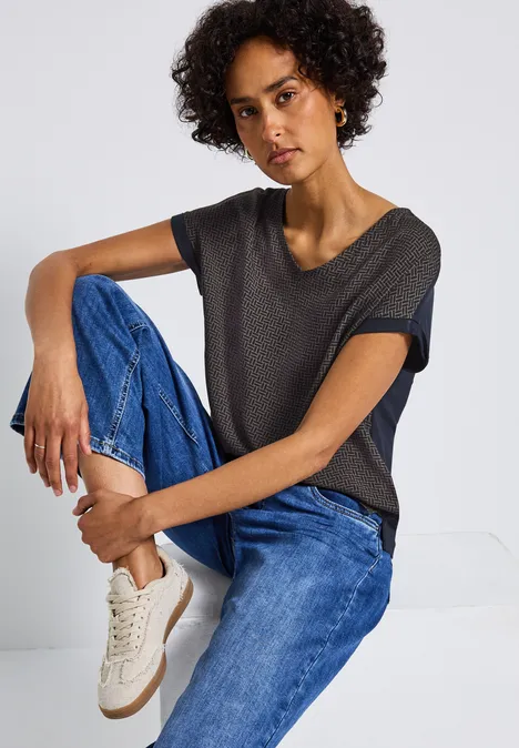 Materialmix V-Neck Shirt deepwater blue