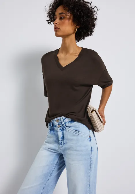 Gebreid V-hals Shirt deep roast brown