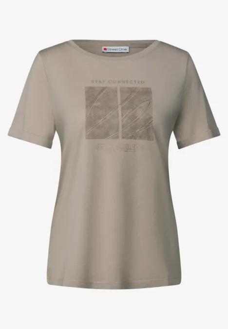 Shirt met kunstwerk en omslag morning beige