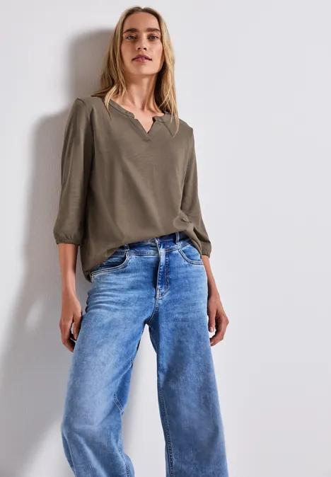 Shirt van jersey met gespleten hals silk brown