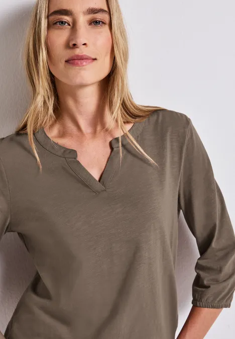 Split Neck Jersey Shirt silk brown