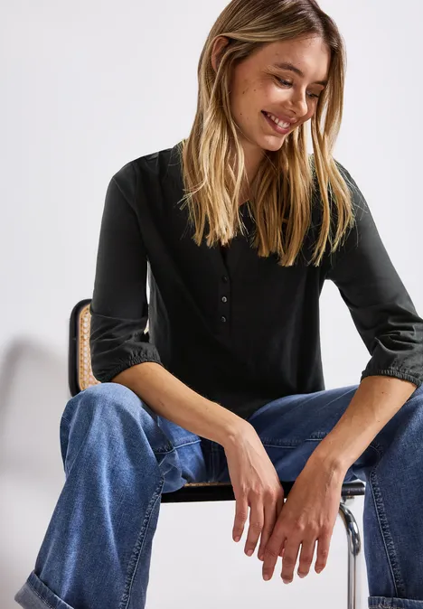 Split Neck Jersey-Shirt Black