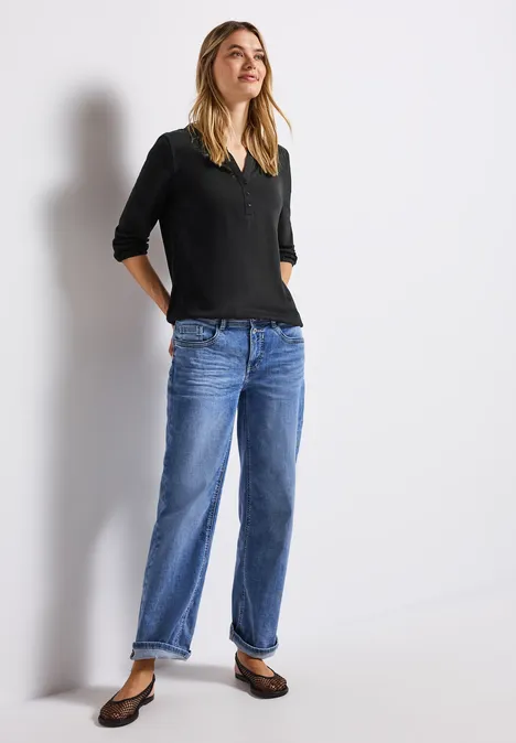 Split Neck Jersey-Shirt Black