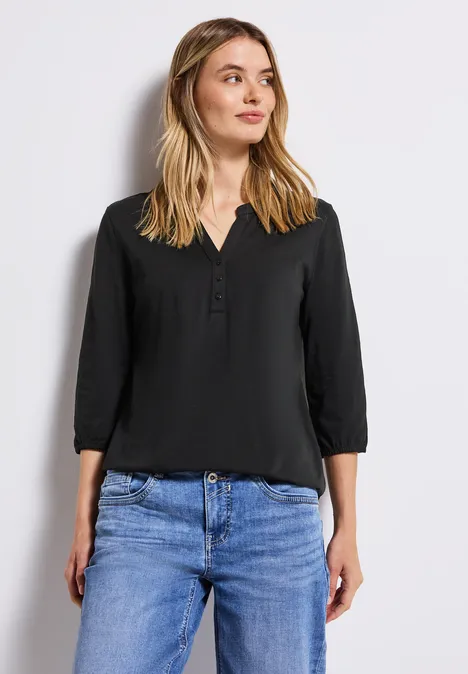 Split Neck Jersey-Shirt Black