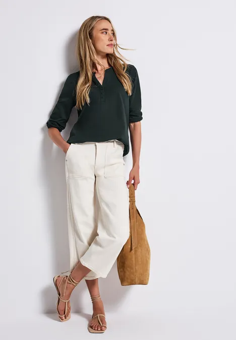 Split Neck Jersey-Shirt evernight green