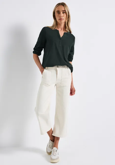 Split Neck Jersey-Shirt evernight green