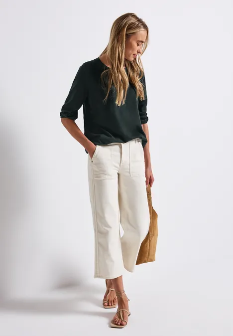 Split Neck Jersey-Shirt evernight green