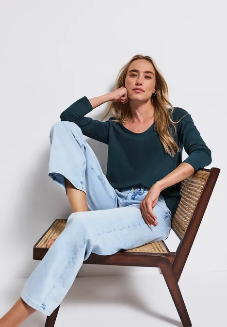 Langarmshirt in Unifarbe tide blue