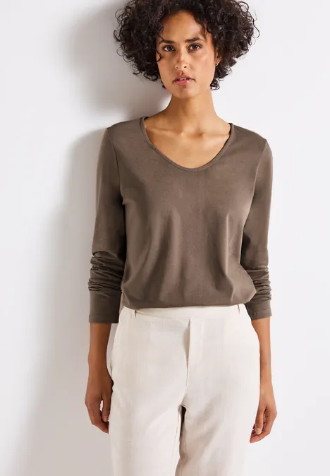 Langarmshirt in Unifarbe silk brown