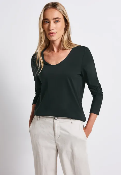 Langarmshirt in Unifarbe evernight green