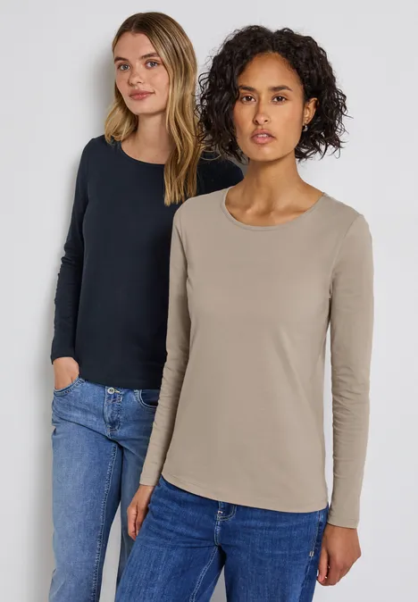 2er-Pack Langarmshirts morning beige/deep blue