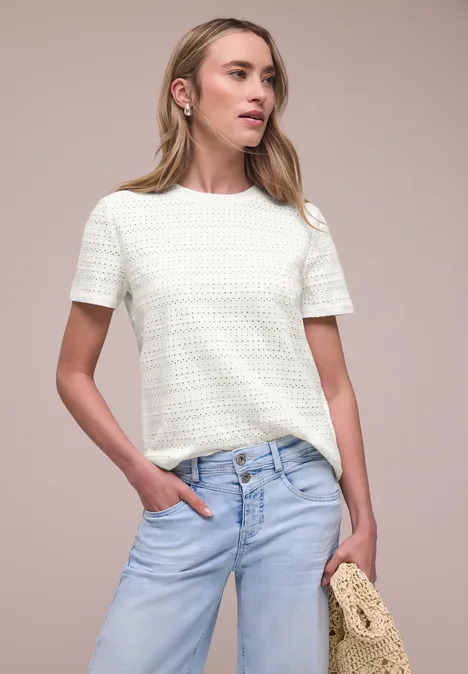 Kurzarm Shirt mit Rundhals aus Spitze off white Kurzarm Shirt mit Rundhals aus Spitze off white