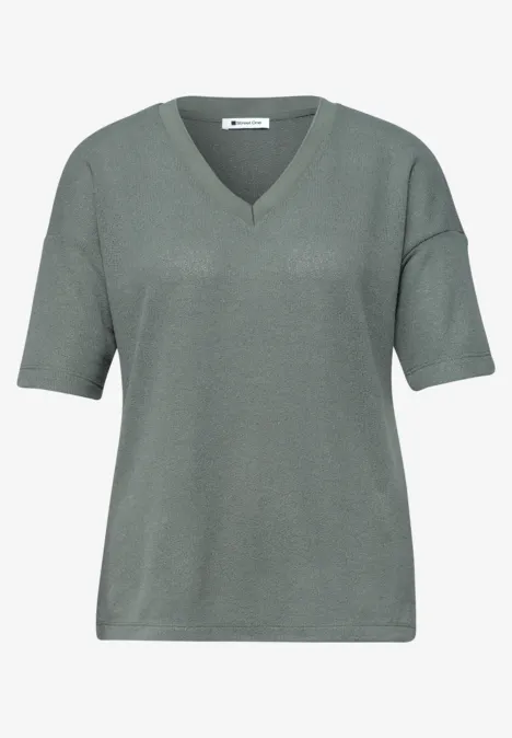 Graues V-Ausschnitt-Strickshirt mit kurzen Ärmeln