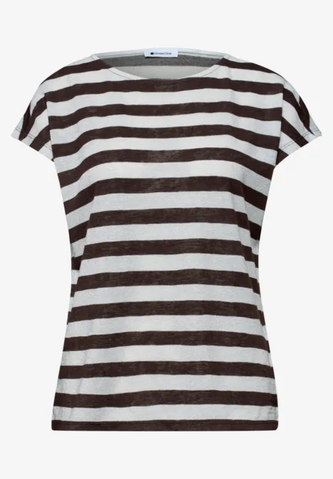 Dames-T-shirt met korte mouwen en bruine-witte horizontale strepen, ronde hals.