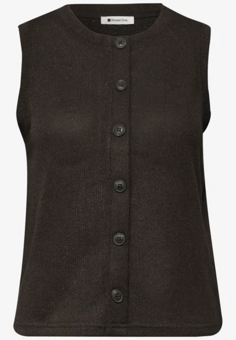 Ärmellose dunkelbraune Strickweste mit Rundhalsausschnitt und durchgehender Knopfleiste.