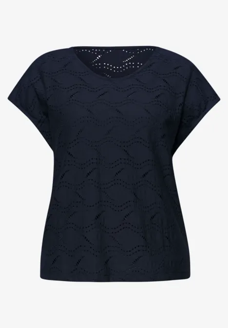 Dunkelblaues Kurzarm-Top mit Rundhals und feinem, geometrischem Lochmuster