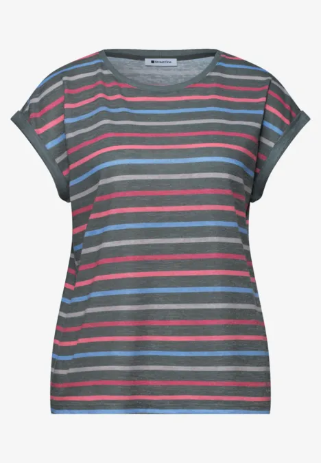 Graues Damen-T-Shirt mit bunten horizontalen Streifen in Rosa, Weiß, Blau und Grün, Rundhals und überschnittenen Ärmeln.