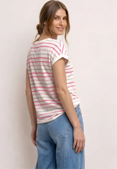 Vrouw in zijaanzicht, met wit-roze gestreept shirt en blauwe jeans tegen neutrale achtergrond.