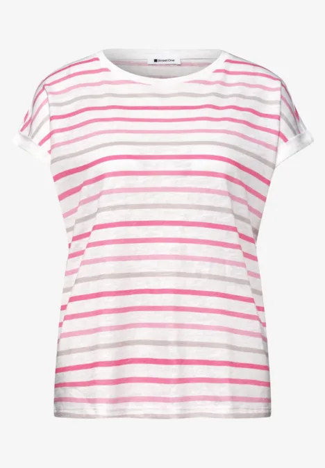 Wit T-shirt met roze horizontale strepen en korte mouwen