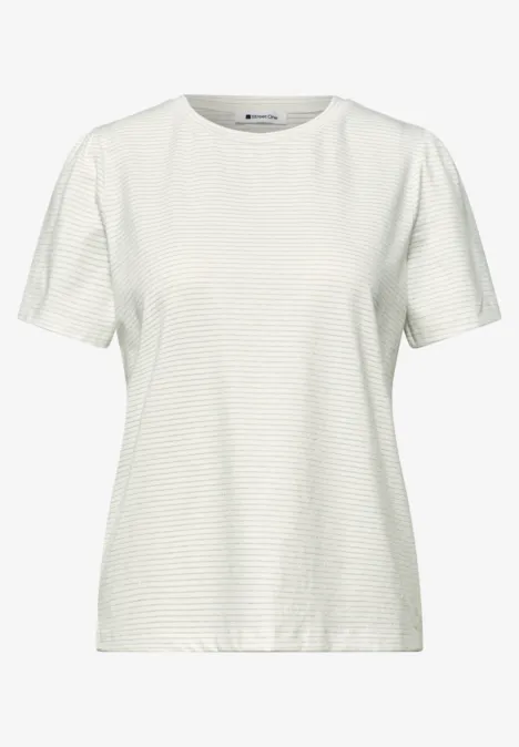 Weißes kurzärmeliges T-Shirt mit Rundhals und feinem Streifenmuster