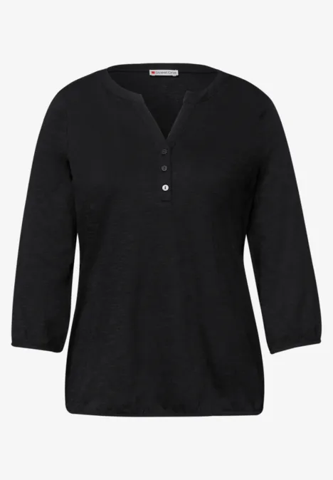 3/4-Arm Shirt mit Split Neck und Knöpfen Black