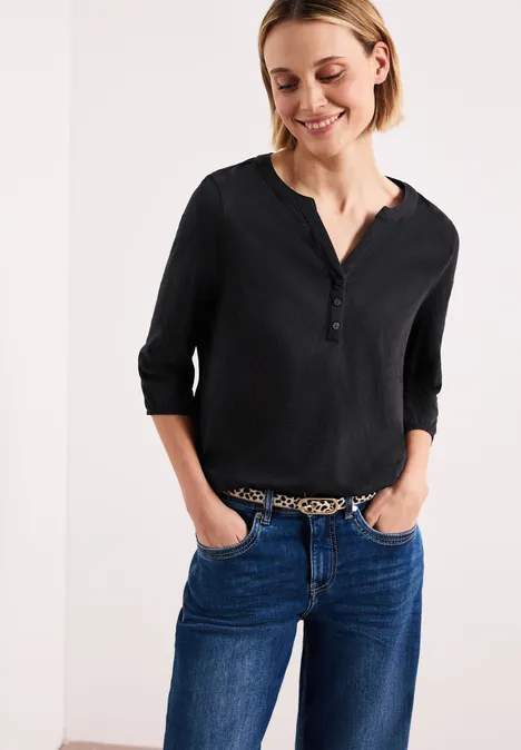 3/4-Arm Shirt mit Split Neck und Knöpfen Black