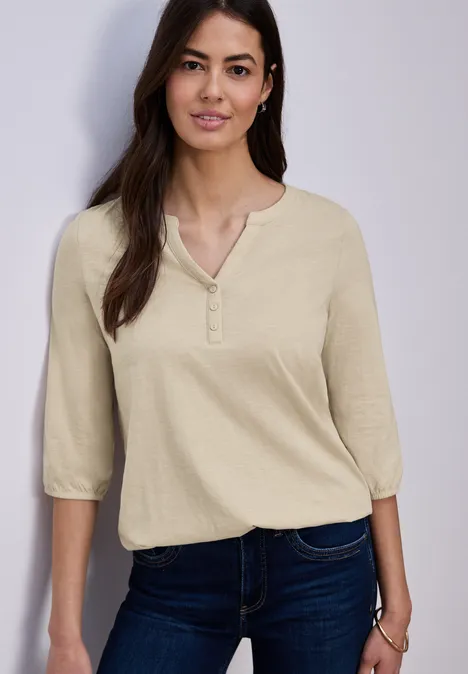 3/4-Arm Shirt mit Split Neck und Knöpfen cotton beige