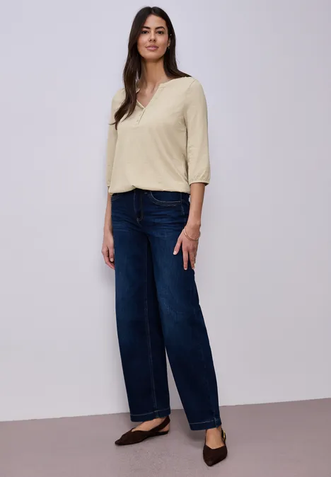 3/4-Arm Shirt mit Split Neck und Knöpfen cotton beige