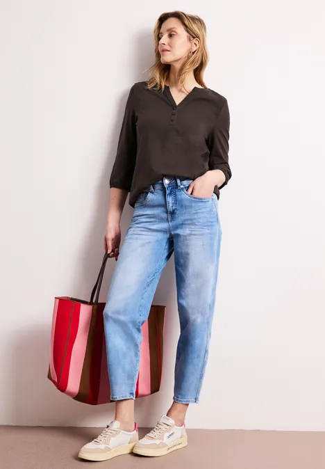 Shirt met 3/4-mouwen, split neck en knopen espresso brown