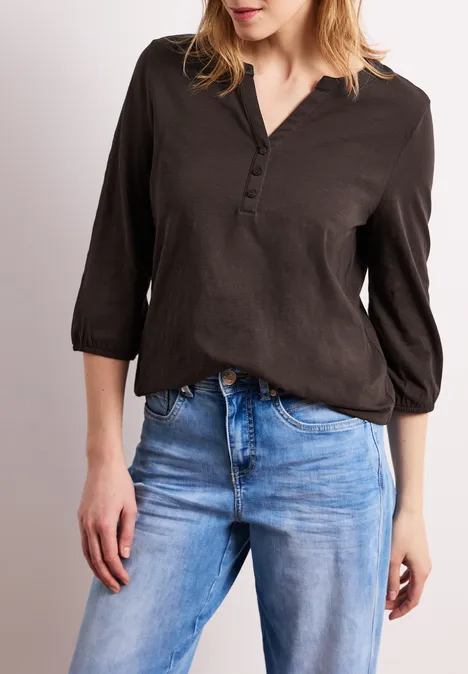 Shirt met 3/4-mouwen, split neck en knopen espresso brown