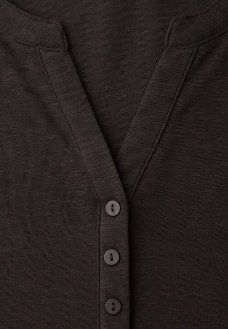 Shirt met 3/4-mouwen, split neck en knopen espresso brown