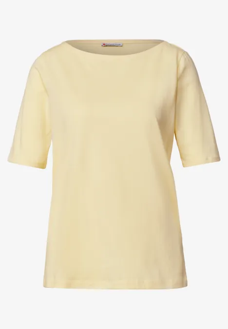 Hellgelbes T-Shirt mit Rundhalsausschnitt und kurzen Ärmeln, schlicht und gerade geschnitten.