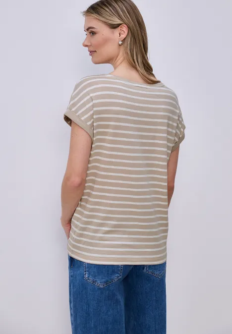 Shirt met hangende schouder en strepen clay sand Shirt met hangende schouder en strepen clay sand