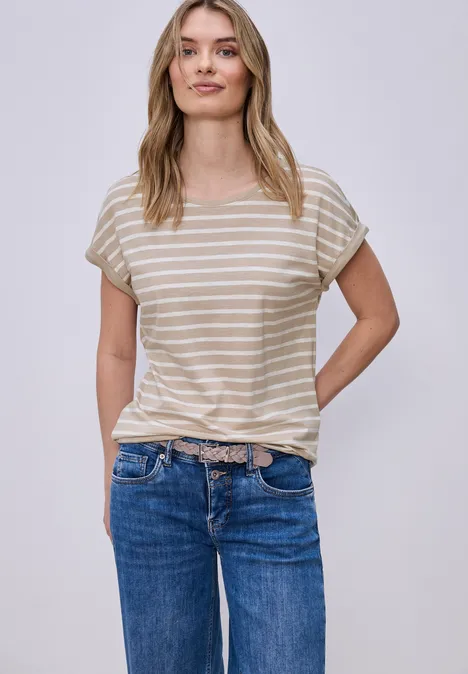 Shirt met hangende schouder en strepen clay sand Shirt met hangende schouder en strepen clay sand