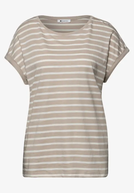 Shirt met hangende schouder en strepen clay sand Shirt met hangende schouder en strepen clay sand