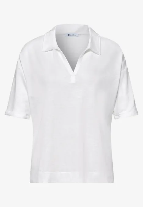 Weißes Damen-Poloshirt mit kurzem Arm und V-Ausschnitt