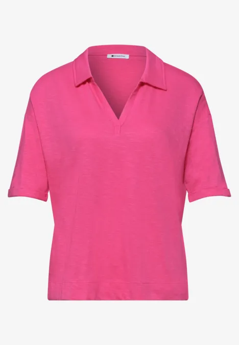 Felroze poloshirt met V-hals en korte mouwen