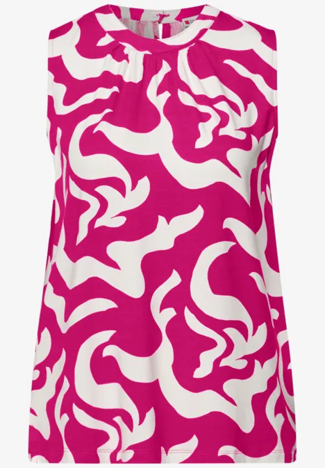 Mouwloze damestop met abstract roze-wit patroon.