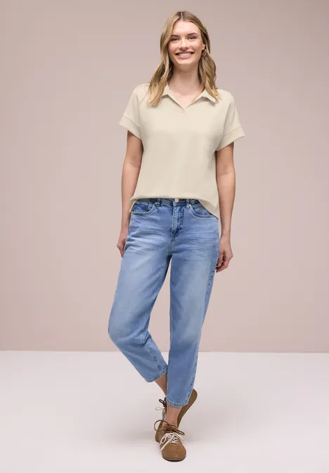 Poloshirt met korte mouwen en geribd detail smoke beige