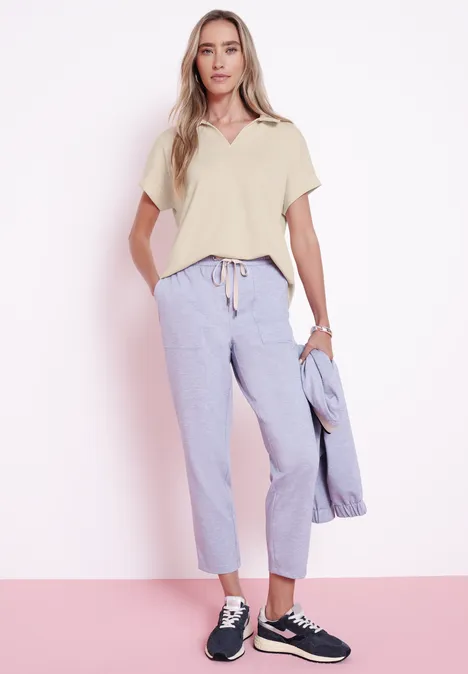 Poloshirt met korte mouwen en geribd detail smoke beige