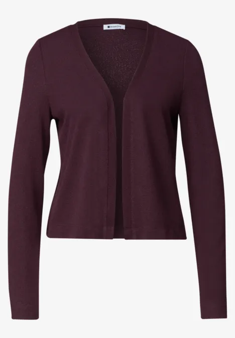 Damen-Strickjacke in Dunkelrot, langärmelig, offen, V-Ausschnitt, eleganter Schnitt.