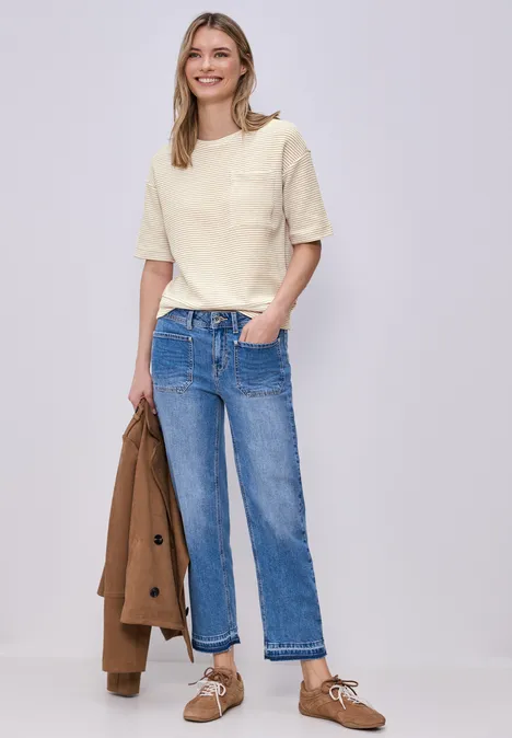 Koszulka z krótkim rękawem w teksturowane paski safari beige