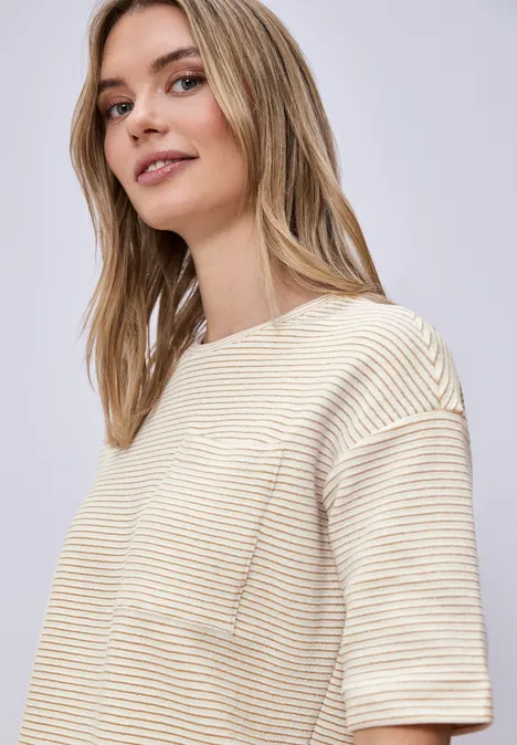 Koszulka z krótkim rękawem w teksturowane paski safari beige